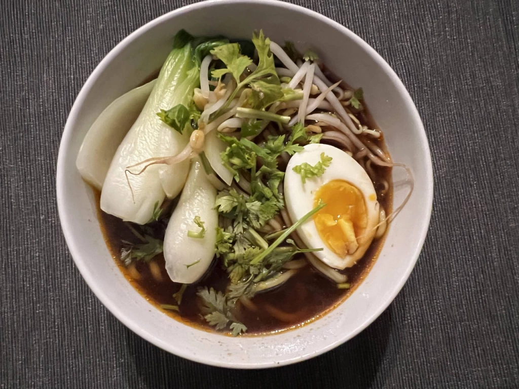 Schnelle, kleine Nudelsuppe aus Resten asiatischer Brühe